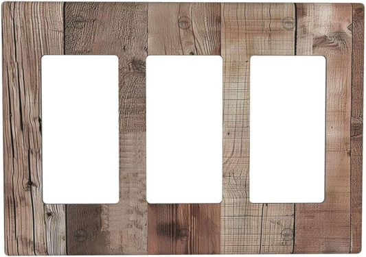 Decorative Outlet Covers Retro Wood Plank Vintaga Wooden Board 3 Gang Wall Plate Triple Rocker Light Switch Cover Plate Jumbo Electrical GFCI Faceplate for Bedroom Home Decor