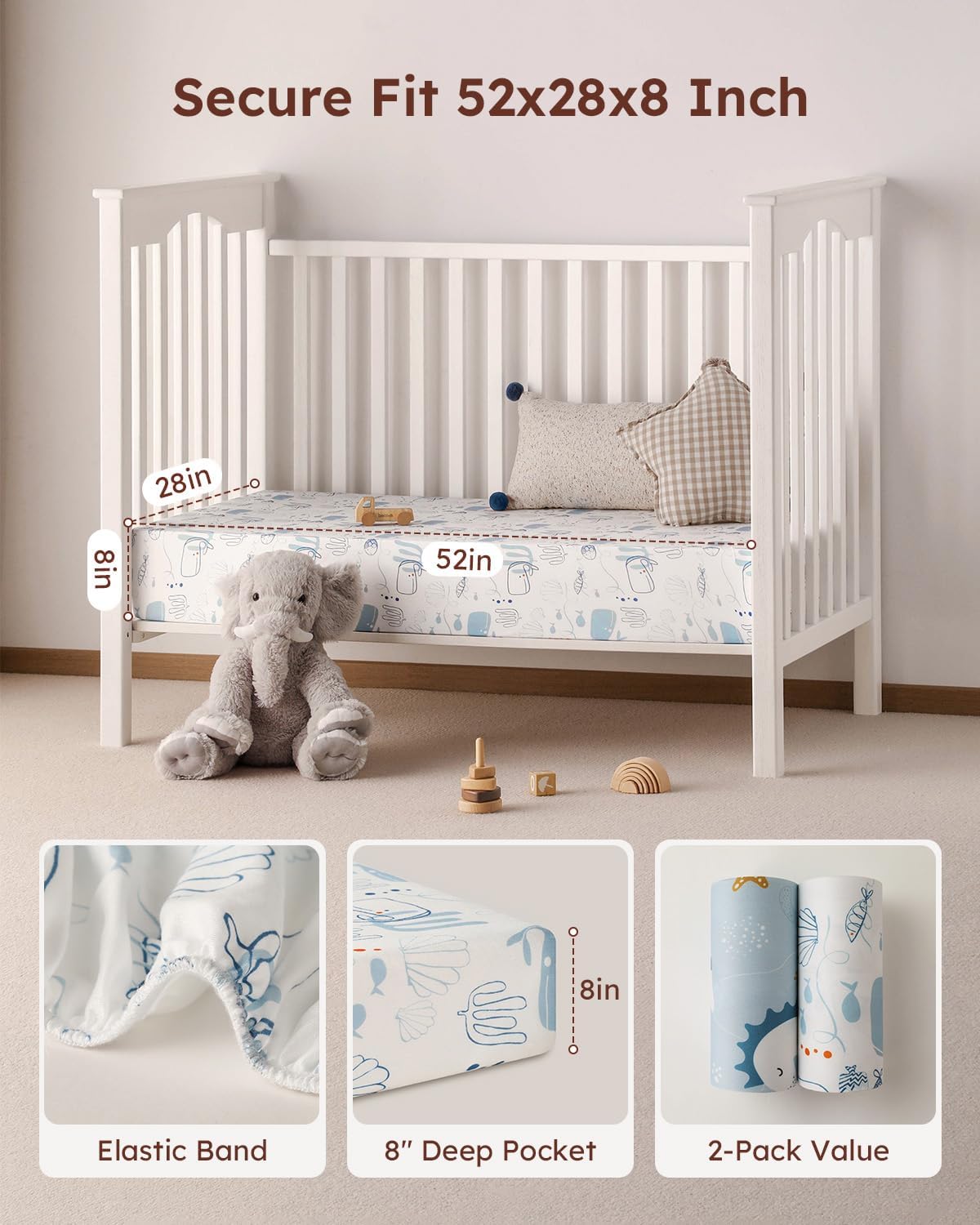 Yoofoss Baby Crib Sheets 2 Pack for Boys and Girls - 52x28 Fitted Crib Sheet Neutral Fits for