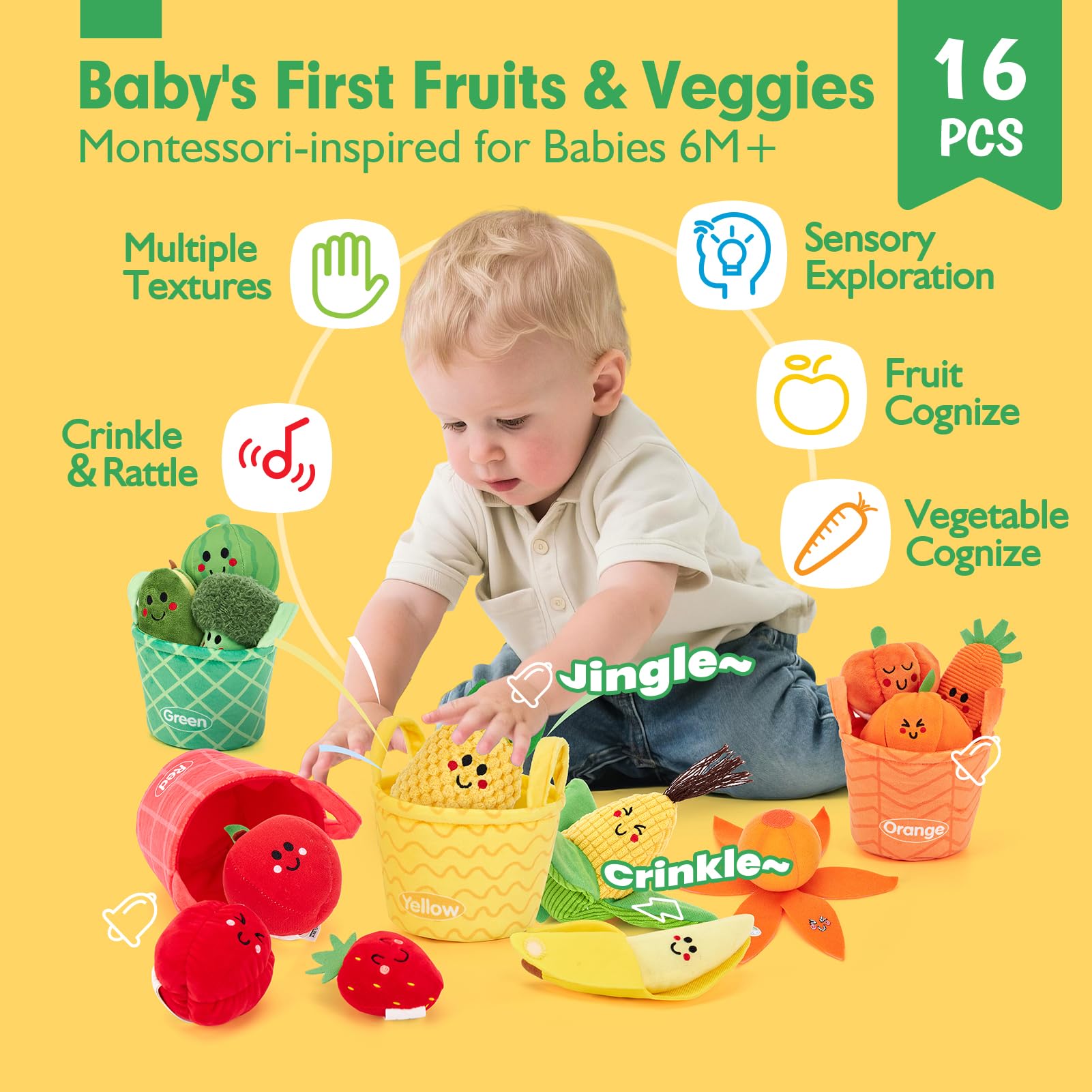 hahaland Baby Sensory Toys Montessori Toys 1 Year Old Fruit Vegetable 16PCs