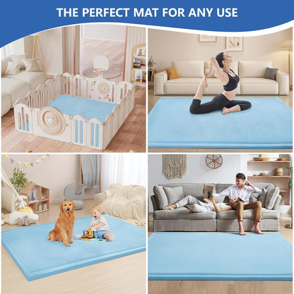 Baby Play Mat for Floor,1.3" Thick Memory foam Tummy Time Mat,Soft Coral Velvet Nursery Rug for Toddlers,Infants,kids,Extra Large Non Slip for Crawling,Tatami Style(Light Blue)