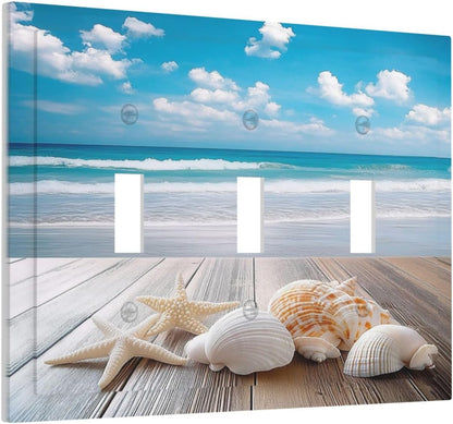 Decorative Switch Plates Beach Waves Brown Wood Starfish Shells 3 Gang Wall Plate Triple Toggle Light Switch Cover Faceplate Electrical Wall Panels For Bathroom Living Room Decor