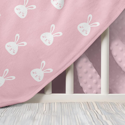 Rabbit Minky Baby Blanket 30 x 40 Inches for Girls, Soft Plush Receiving Blanket with Dotted Back
