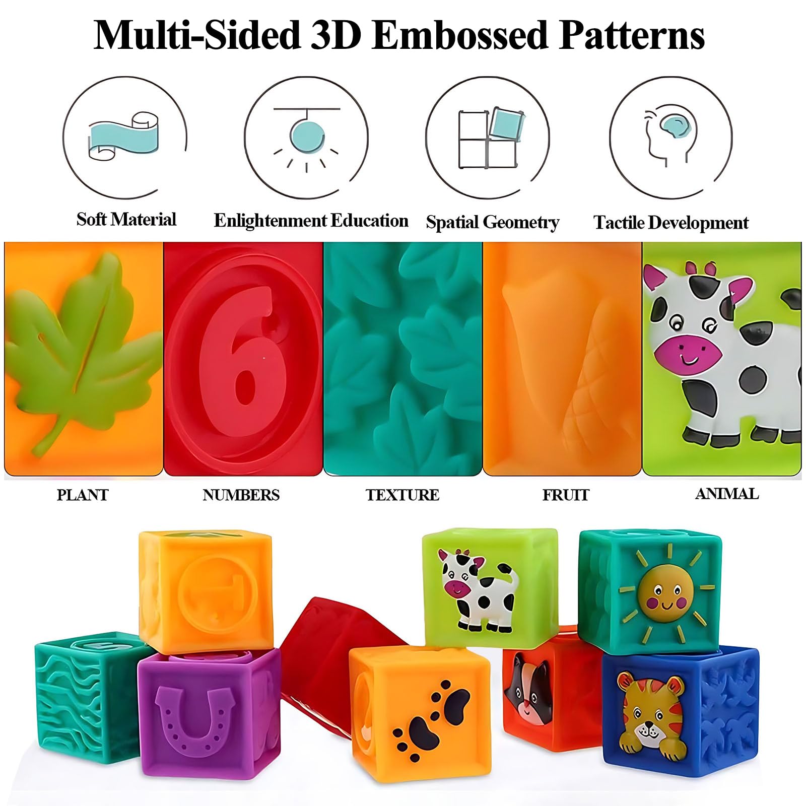 Kingtree Baby Blocks, 9PCS Soft Squeeze Building Blocks Stacking Toys for 6+ Months Babies, Baby
