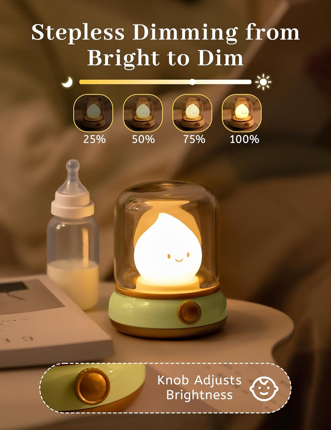 Smiley Night Light for Baby Nursery, Rechargeable Stepless Dimming Small Night Stand Lamps, Cute Forest Green Vintage Lamp Decor Essentials for New Mom, Kids, Baby, Toddler