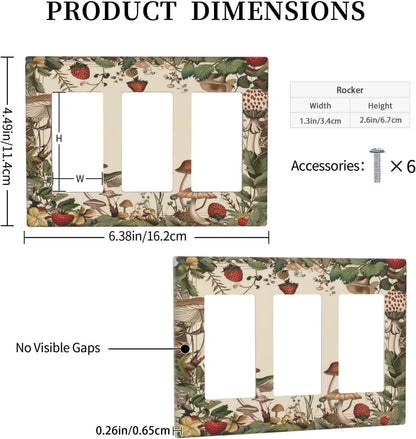 Decorative Outlet Covers Rustic Mushroom Garden Red Strawberry 3 Gang Wall Plate Triple Rocker Light Switch Cover Plate Jumbo Electrical GFCI Faceplate for Bedroom Home Decor