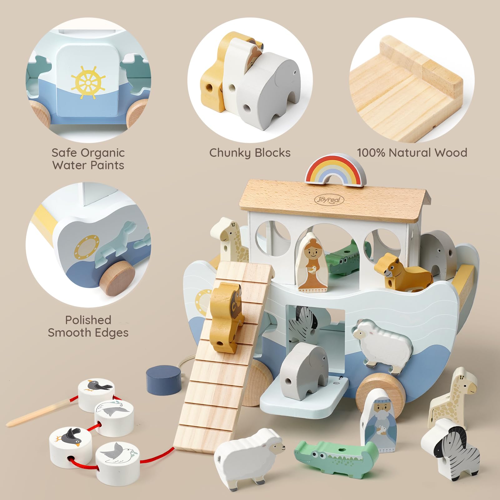 Joyreal Wooden Noah's Ark Toy for 1 Year Old Baby Boy and Girl Baptism Gift