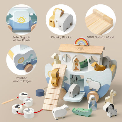 Joyreal Wooden Noah's Ark Toy for 1 Year Old Baby Boy and Girl Baptism Gift