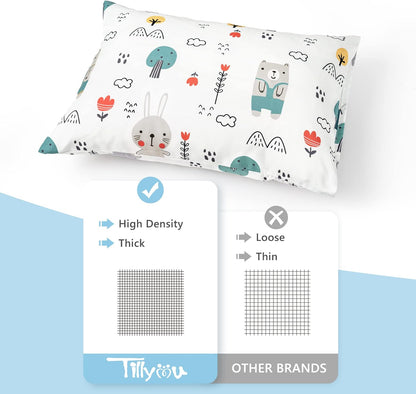 TILLYOU Toddler Pillowcase 2 Pack with Envelope Closure,Silky Soft Microfiber 13" x 18" Kids Travel Pillow Cases,Bib Bear & Colorful Love