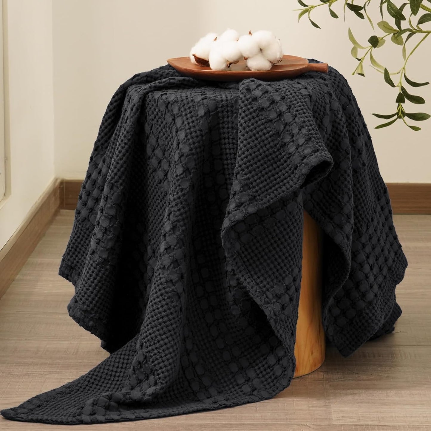 PHF 100% Cotton Waffle Weave Throw Blanket, Soft Lightweight Breathable Cozy Summer Throws for Couch Bed Sofa, Luxury Aesthetic Woven Blanket for Home Decor & Office, 50"x60", Black