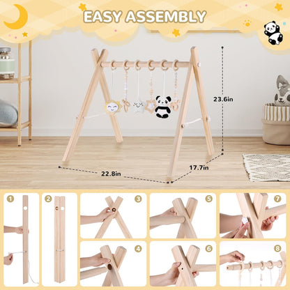Baby Play Gym with Mat – Wooden Montessori Gym for Newborns 0-12M,Natural Pine Wood with 6 Sensory Toys,Foldable & Portable (Koala)