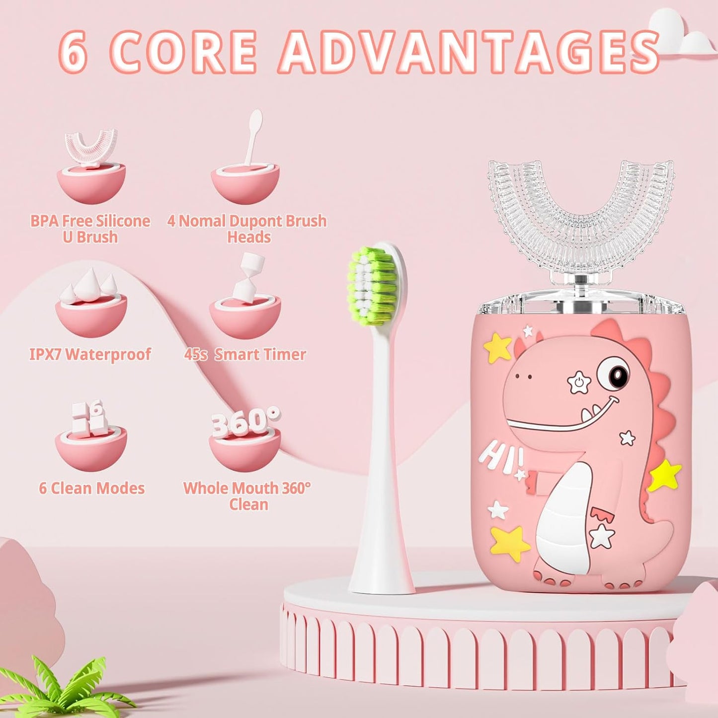 Kids Electric U Shaped Toothbrush,Kids Sonic Full Mouth Toothbrush with 4 Soft Brush Head Automatic