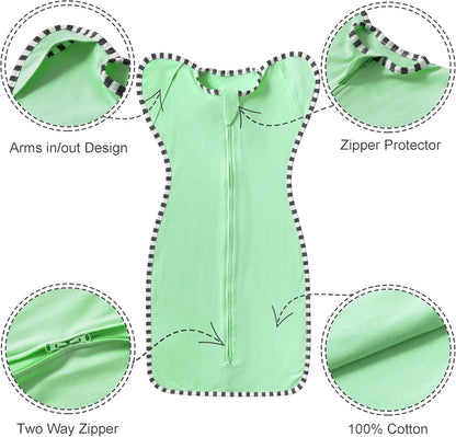 Transition Swaddle, 2 Pack 100% Cotton Baby Sleep Sack, 2-Way Zipper Infant Arm Up Swaddle for Newborn Baby Boys Girls (Green + Grey, L(6-9 Months))