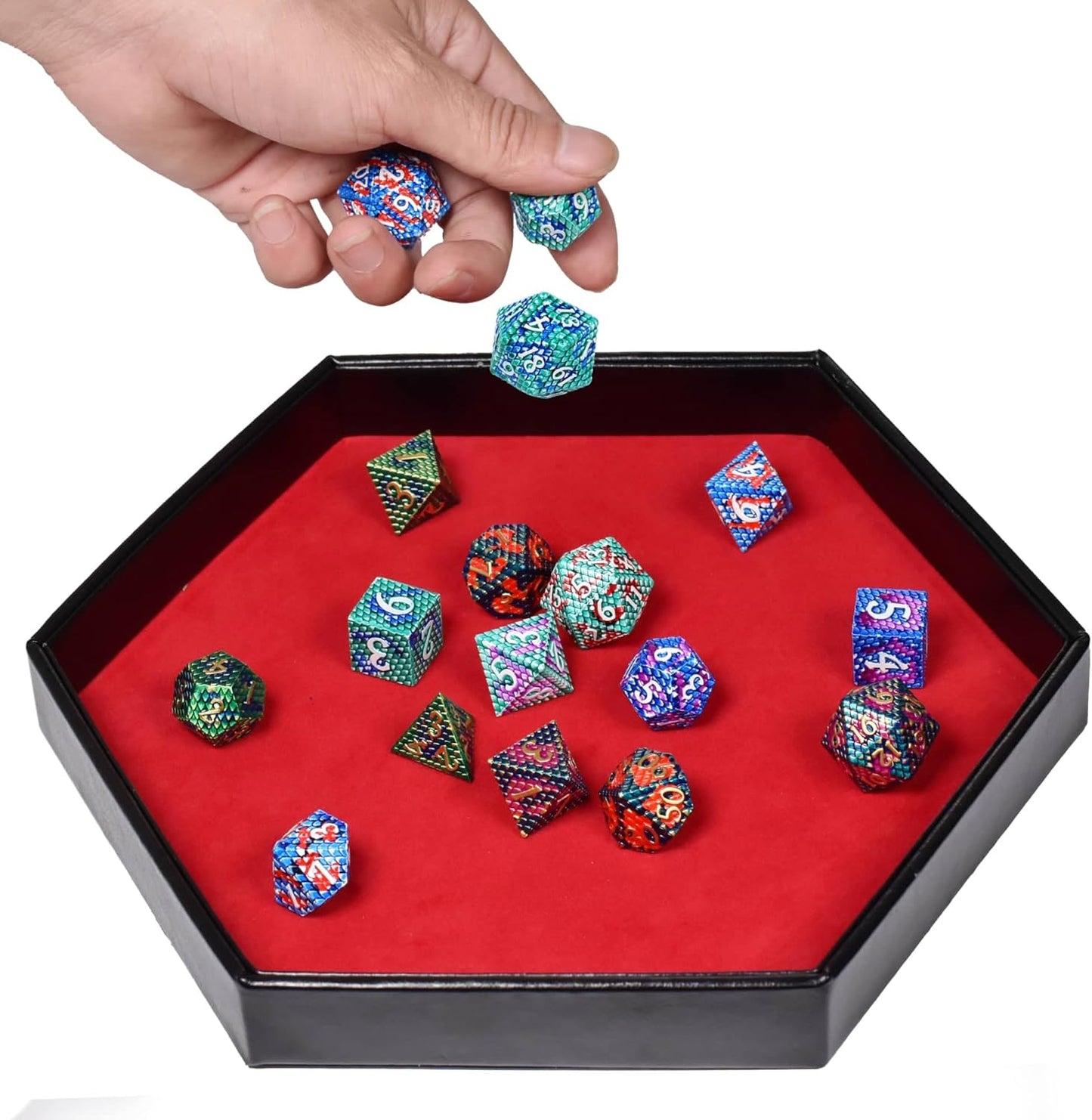 DND Dice Tray - 2 in 1 Hexagonal Rolling and Storage Tray, Faux Leather Material, Red Color, Compatible with D&D, MTG, Dice Arena