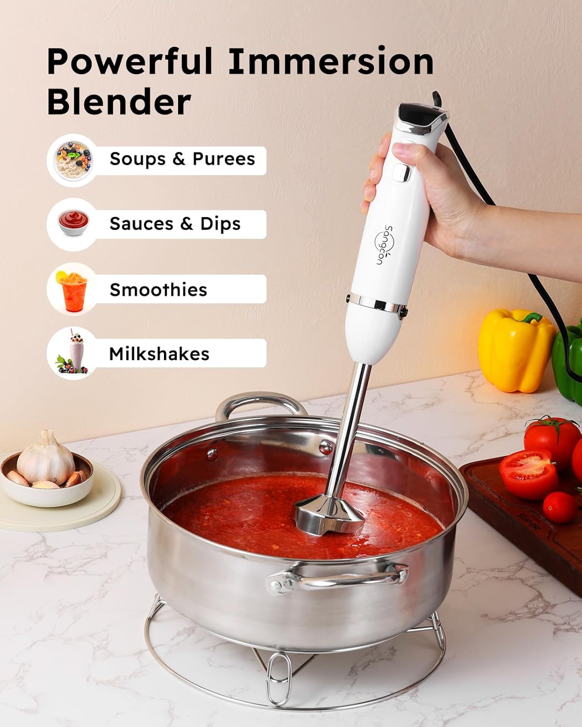 Sangcon Immersion Blender Handheld, 3-in-1 Hand Blender Electric, 400W Handheld Blender, Stainless