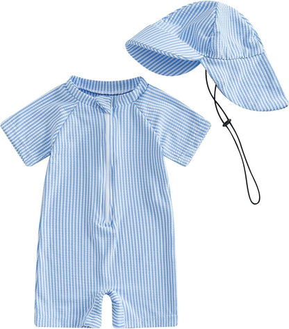 Toddler Baby Boys Seersucker Short Sleeve One Piece Rash Guard Swimsuit Zipper Bathing Suit Swimwear with Hat
