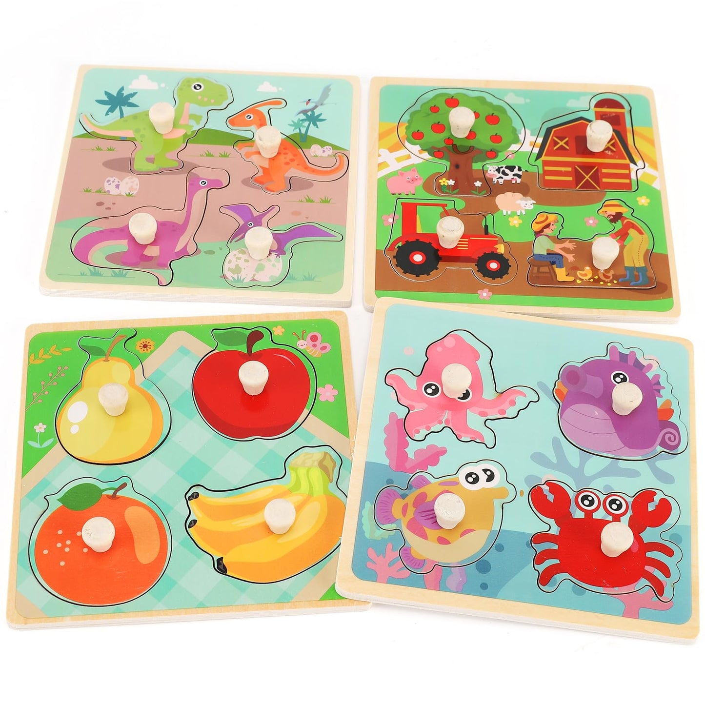 Wooden Peg Puzzles for Toddlers 1-3, Kids' Educational Preschool Peg Puzzle Toy, Set of 4 Toddler