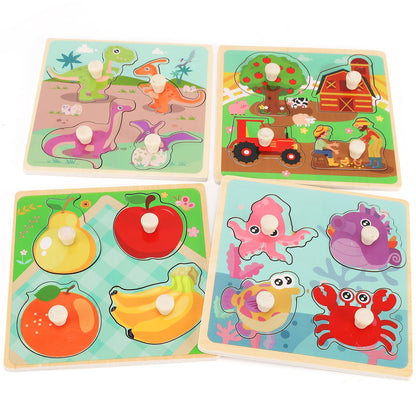 Wooden Peg Puzzles for Toddlers 1-3, Kids' Educational Preschool Peg Puzzle Toy, Set of 4 Toddler