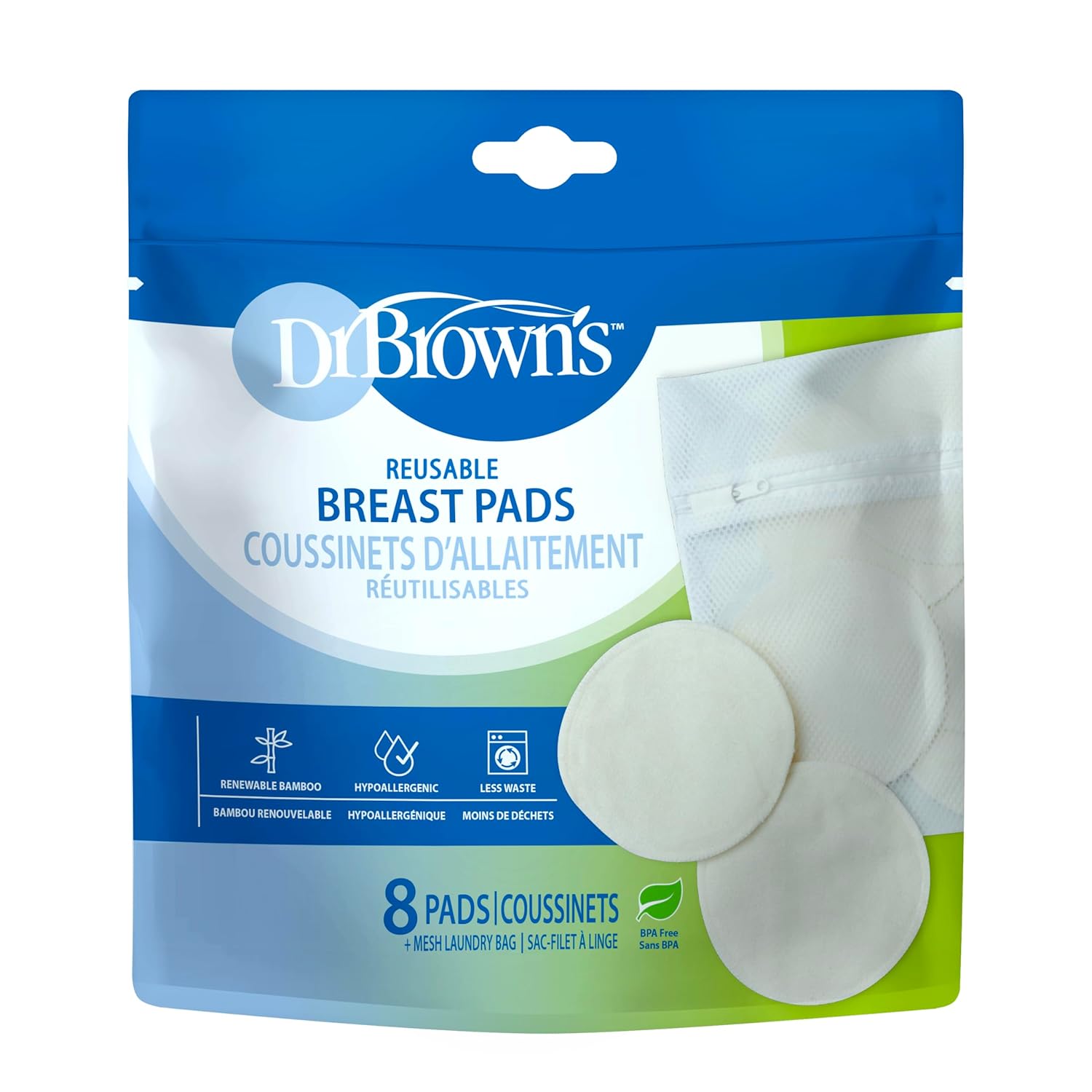 Dr. Brown's Reusable Breast Pads for Breastfeeding, Washable Nursing Pads with Laundry Bag, Day &