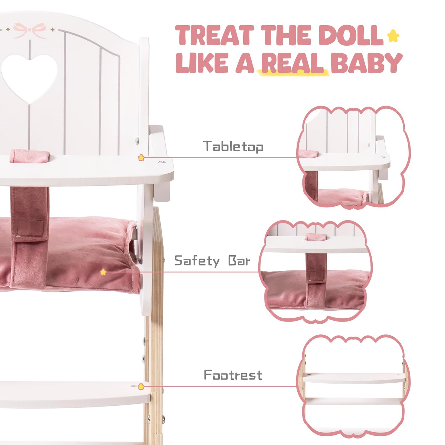 ROBOTIME Wooden Baby Doll High Chair for 18 Inch Dolls, Pink