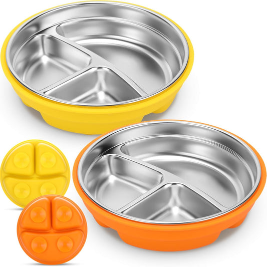 Nuogo 2 Pcs Stainless Steel Baby Suction Plates with Removable Silicone Shell 2-in-1 Metal Toddler Bowl Divided for Picky Eaters Kids Feeding Led Weaning Supplies, Dishwasher Safe (Yellow,Orange)