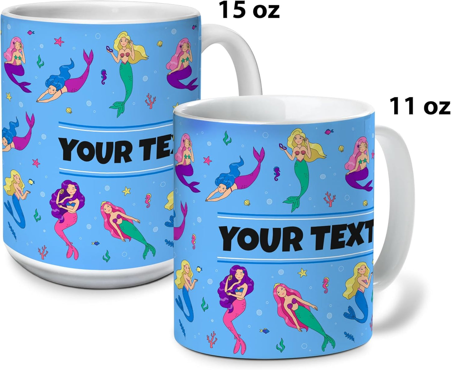 Personalized Mug for Kids - Mermaids - Custom Name/Text, Ceramic Hot Chocolate/Cocoa/Coffee Cup for Girls, Birthday/Christmas/Holiday Gift - 15 oz, Black Handle