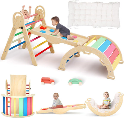Pikler Triangle Set with Cushion, Montessori Climbing Set, Indoor Climb Toys, Indoor Playground Jungle Gyms, 9 Combinations Climbing Toy Set for Toddler, Baby, Kids 1-4