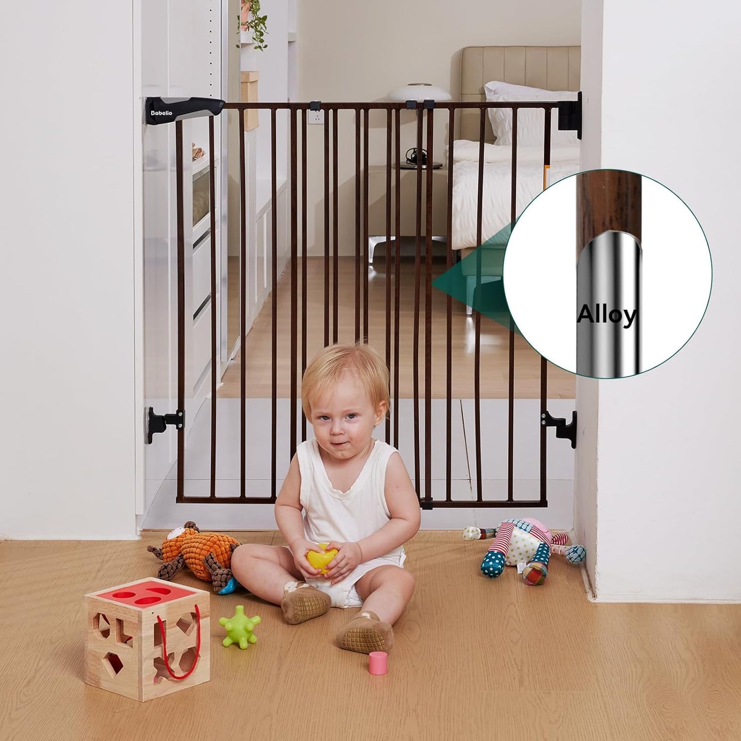 Babelio 34" Extra Tall Baby/Dog Gate with No Threshold Design Walk Thru Door, 26-43" Auto Close Safety Gate for Babies, Elders and Pets, Fits Doorways, Stairs, and Entryways, Black Wood Pattern