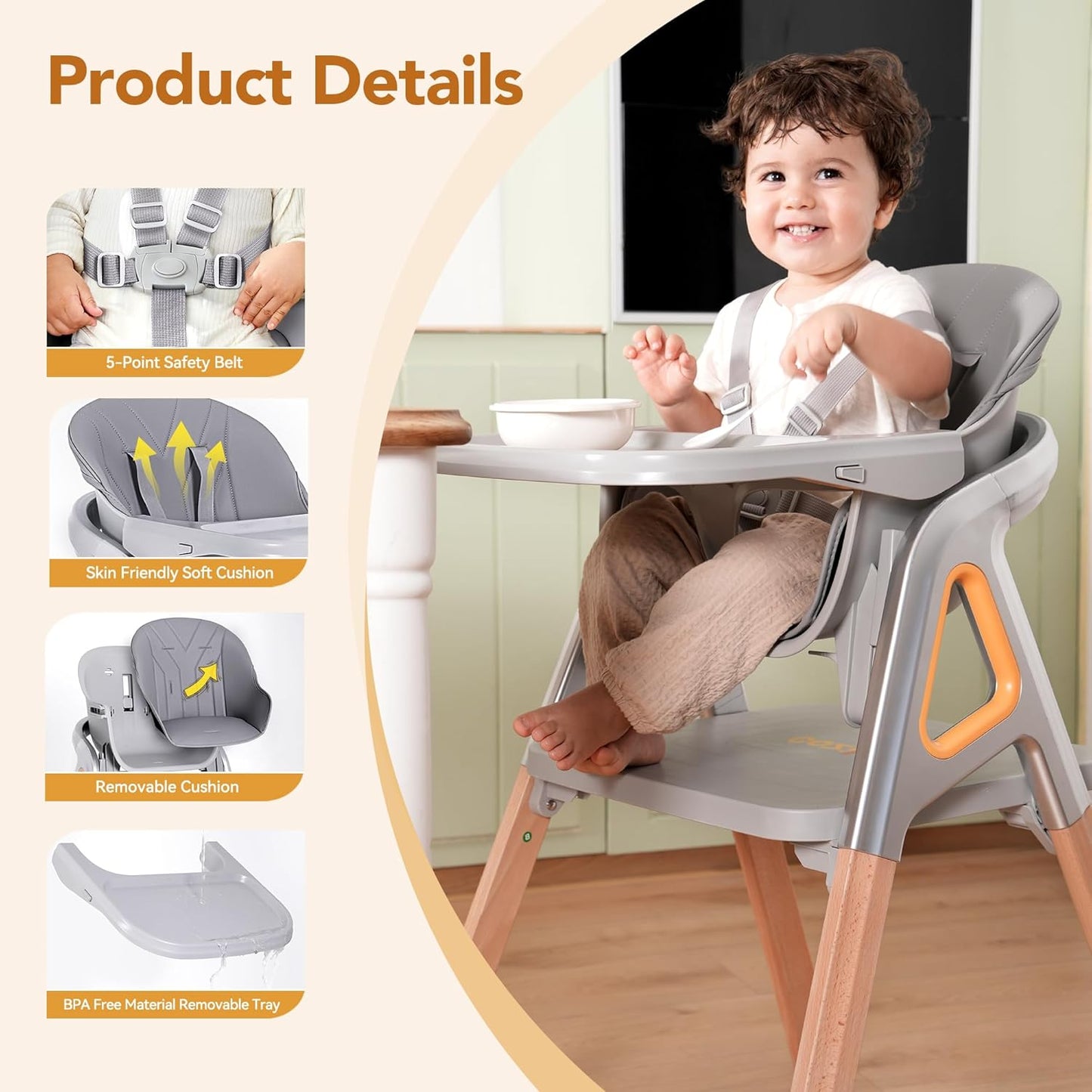 CoziBB Baby High Chair, 6 in 1 Convertible Growing Baby Highchairs for Babies and Toddlers, Baby
