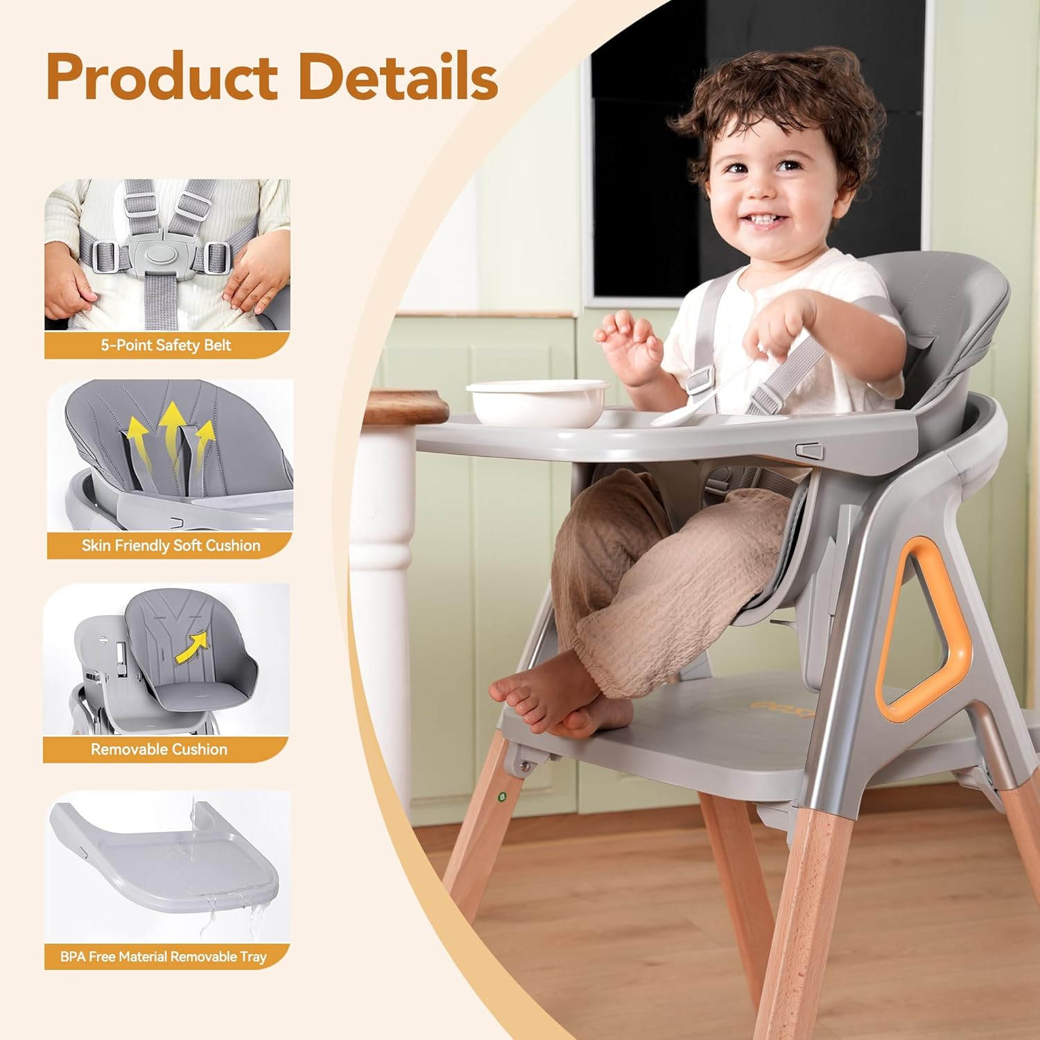 CoziBB Baby High Chair, 6 in 1 Convertible Growing Baby Highchairs for Babies and Toddlers, Baby