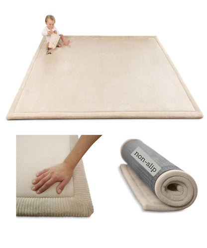 Premium Baby Play Mat 60”x 80” Beige – Cloud-Soft Coral Velvet Memory Foam Rug for Crawling & Play – Non-Slip, Water-Resistant, Care Tummy Time Mat – Non-Toxic Padded Playmat