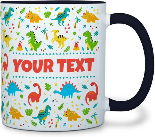 Personalized Mug for Kids - Dinosaurs - Custom Name/Text, Ceramic Hot Chocolate/Cocoa/Coffee Cup for Boys/Girls, Birthday/Christmas/Holiday Gift - 11 oz, Black Handle