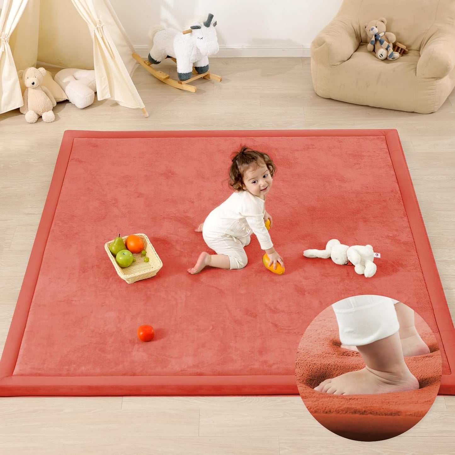 1.3" Thick Baby Play Mat,Ultra Soft Elasti-Foam 50×50 Playpen Mat for Tummy Time,Water-Repellent Coral Fleece Nursery Rug for Infants,Toddlers,Kids,Non-Slip Safe for Crawling(Brick)