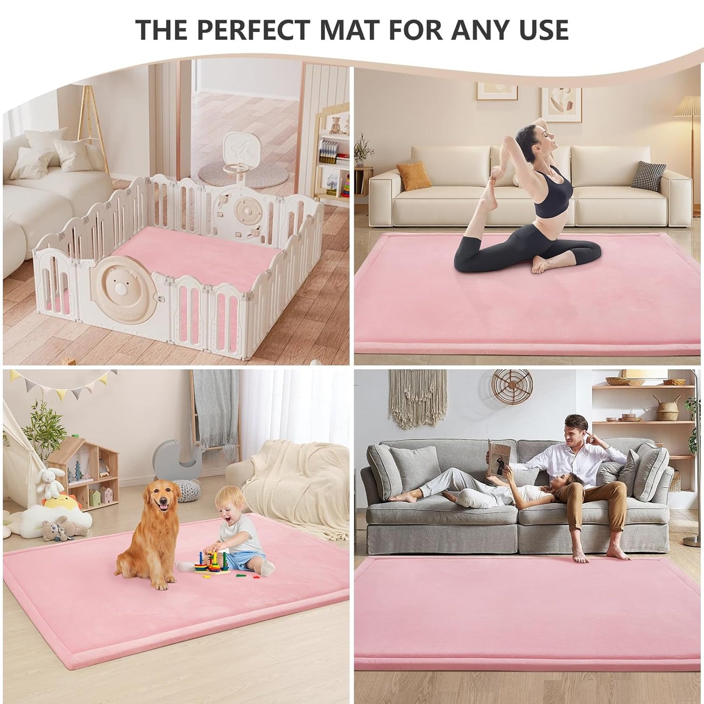 Baby Play Mat for Floor,1.3" Thick Memory Foam Tummy Time Mat,Soft Coral Velvet Nursery Rug,Extra Large Non Slip Crawling Mat for Toddlers,Infants,Kids,Yoga Mat,Tatami Mat for Living Room(Pink)