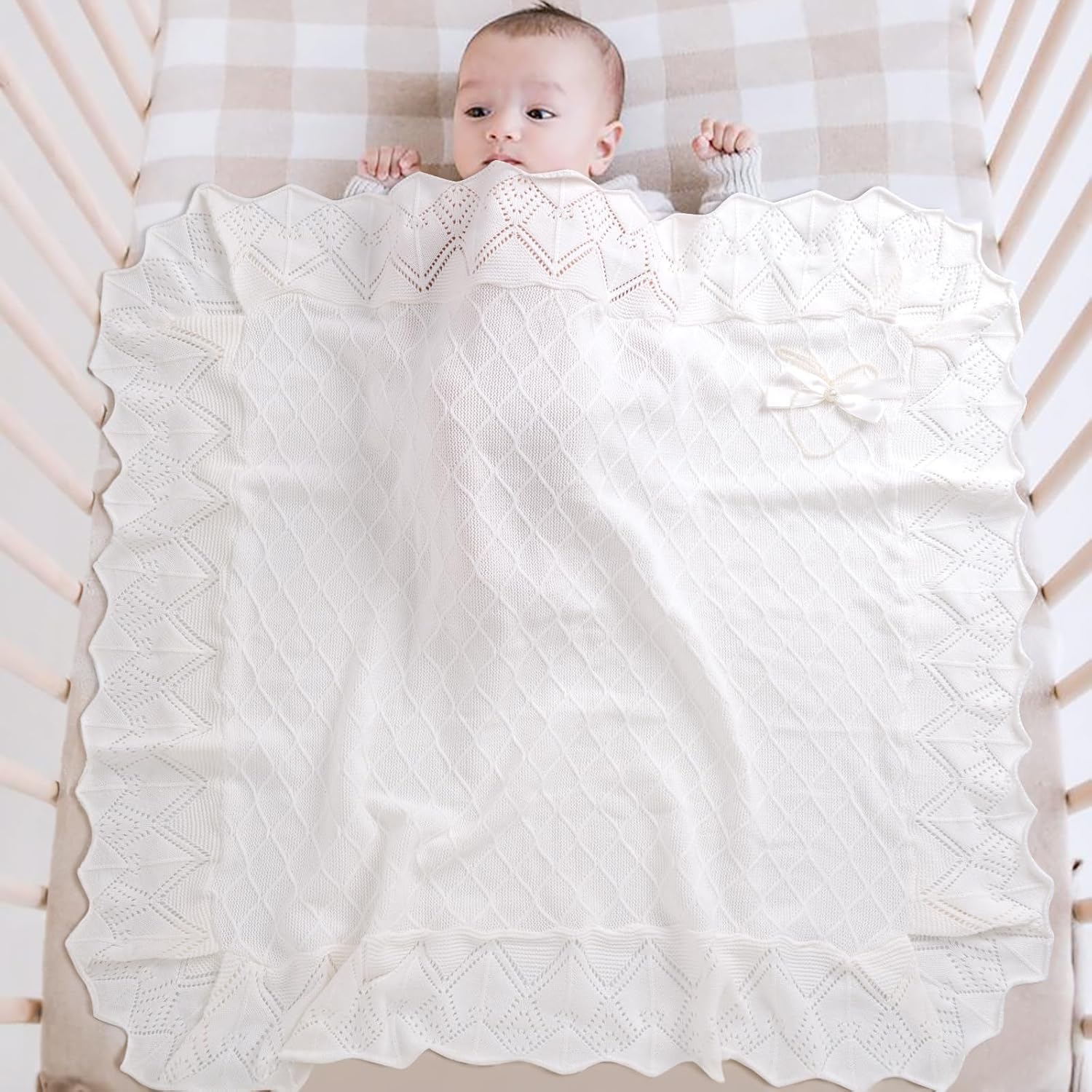 Booulfi Knit White Baby Blankets Neutral,Crib Stroller Newborn Blankets for Boys Girls,Cotton Lace