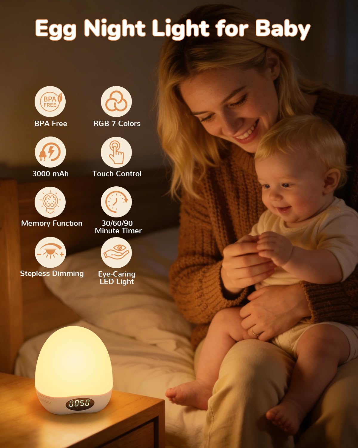 TOZING Egg Night Light for Nursery, Portable Rechargeable Baby Nightlight with Touch Control & RGB