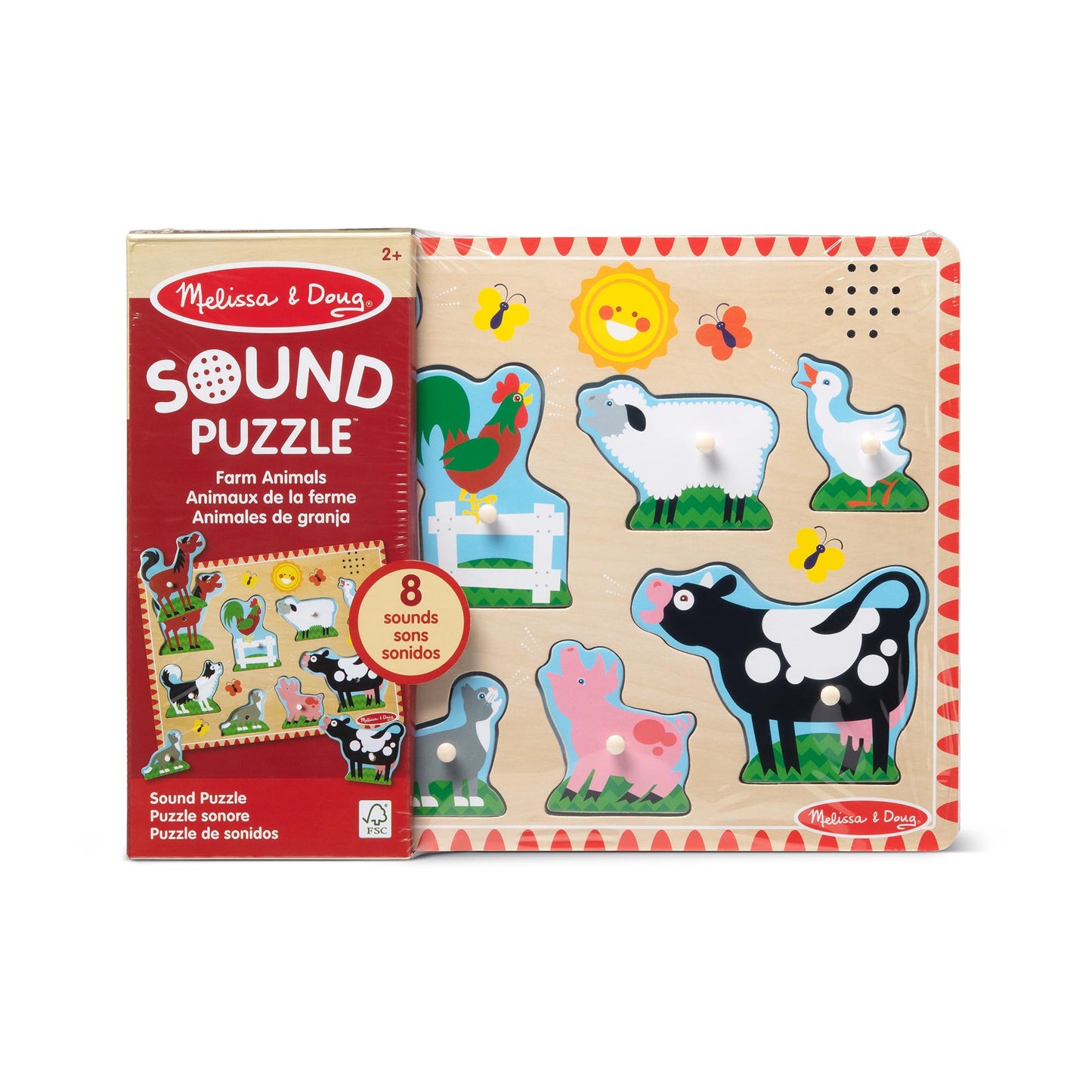 Melissa & Doug Farm Animals Sound Puzzle – 8-Piece Wooden Peg Puzzle with Light-Activated Sounds