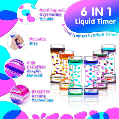 6 Pcs Liquid Motion Bubbler Timer, Oil Hourglass Liquid Sensory Calming Toy, Office Desk Toys Novelty Toys Fidget Toys for Kids and Adults Stress Relief and Anxiety Fidget Water Timers