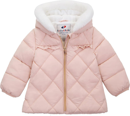 Rokka&Rolla Baby Girls' Water-Resistant Puffer Jacket Hooded Winter Coat with Soft Mini Fur Lining for Newborn Infant Toddler