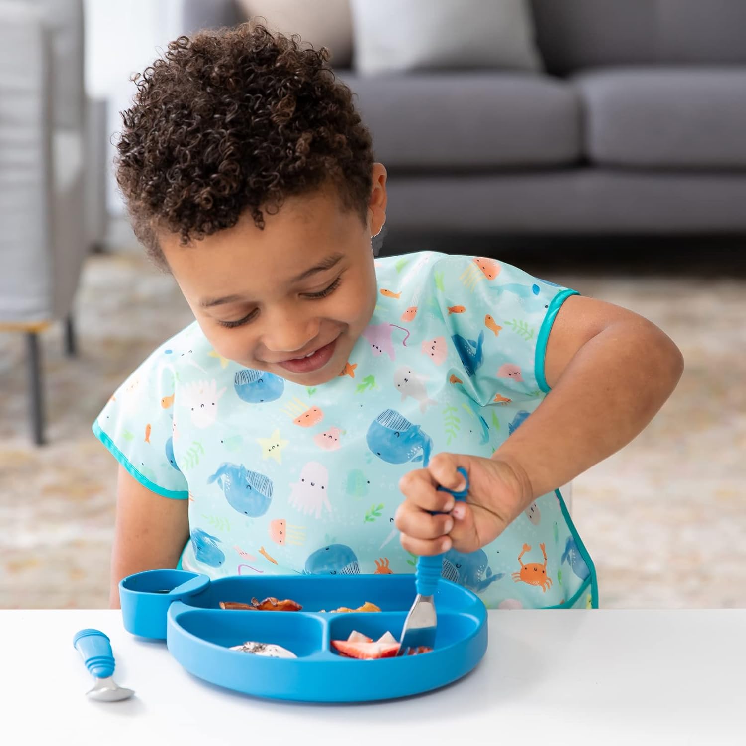 Bumkins Toddler Utensils, Kids Size Fork and Spoon Set, Silicone and Stainless-Steel Training