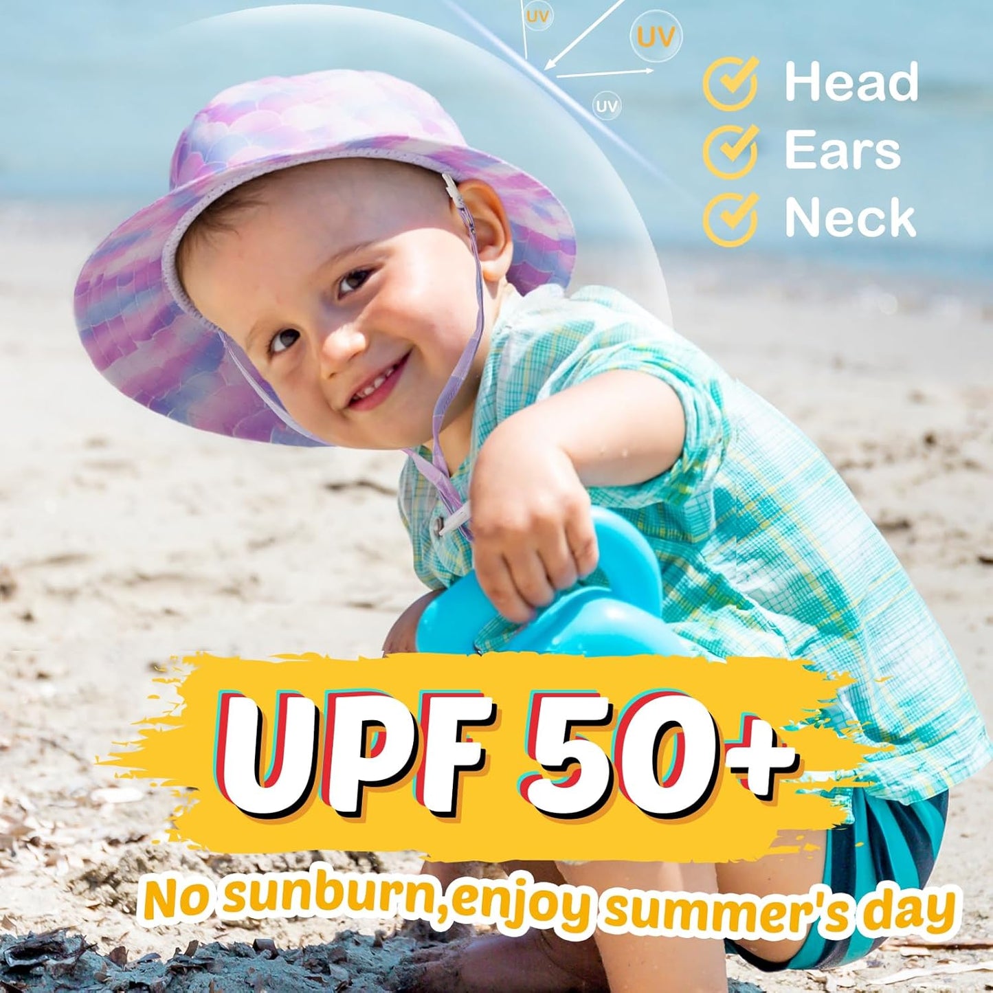 Baby Sun Hat Kids Summer UPF 50+ Toddler Bucket Hat Wide Brim Adjustable Beach Hats for Boys Girls Age 0-6 Years