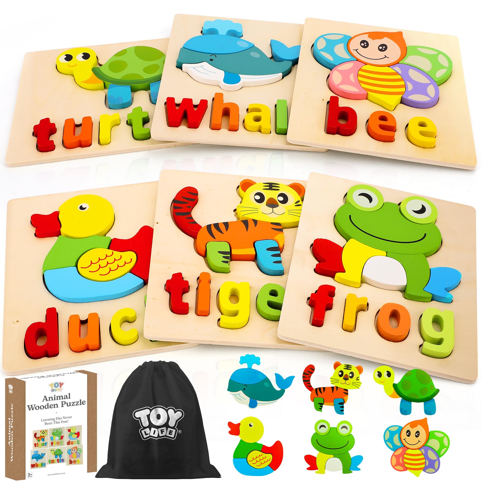 TOY Life Toddler Puzzles Ages 2-4, 6 Animals with Spelling Wooden Puzzles for Toddlers 3-5