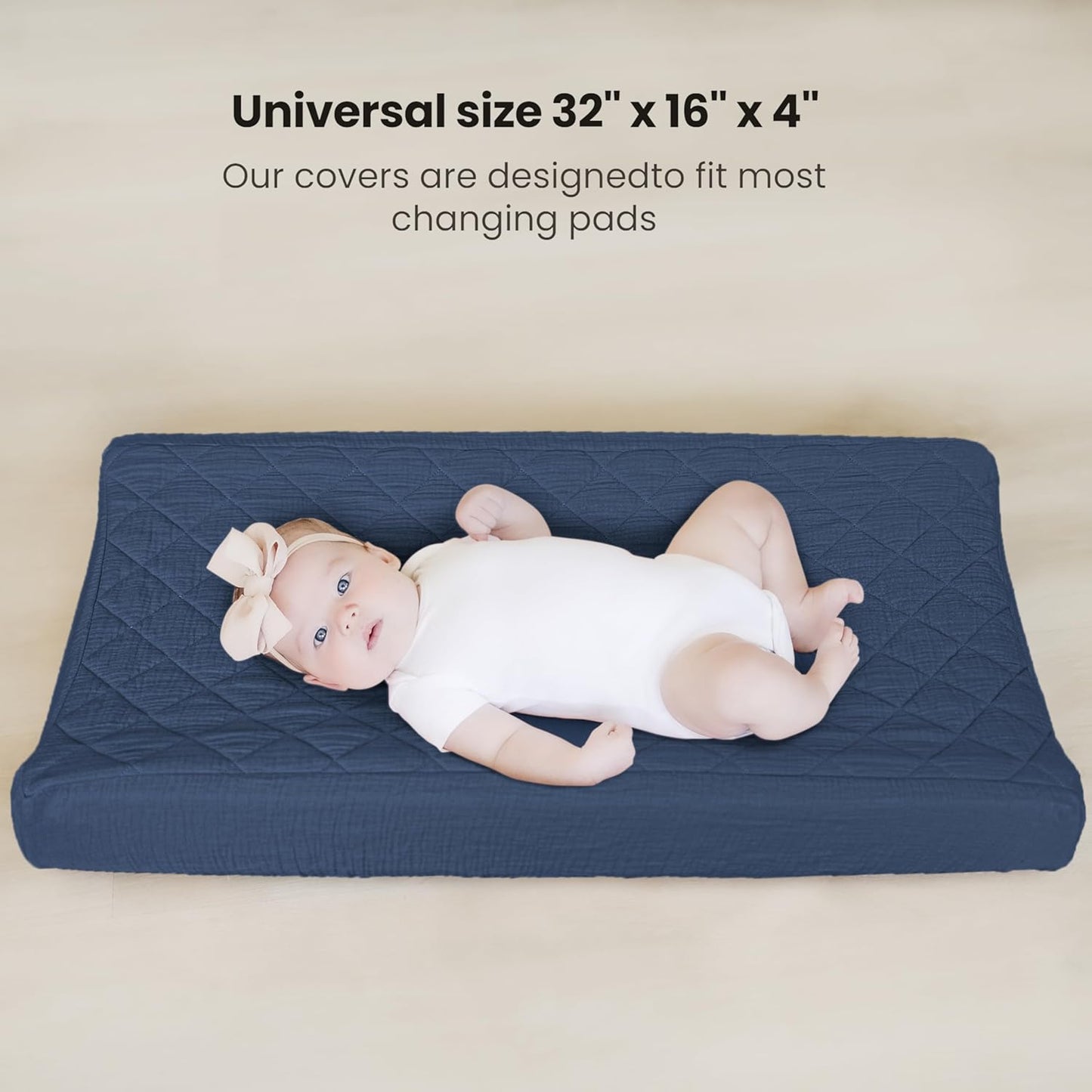 Konssy Waterproof Muslin Changing Pad Cover 2 Pack, Quilted Cotton Fitted Diaper Changing Table Cover, Soft Changing Pad Sheets for Girls Boys (Navy,Cream)