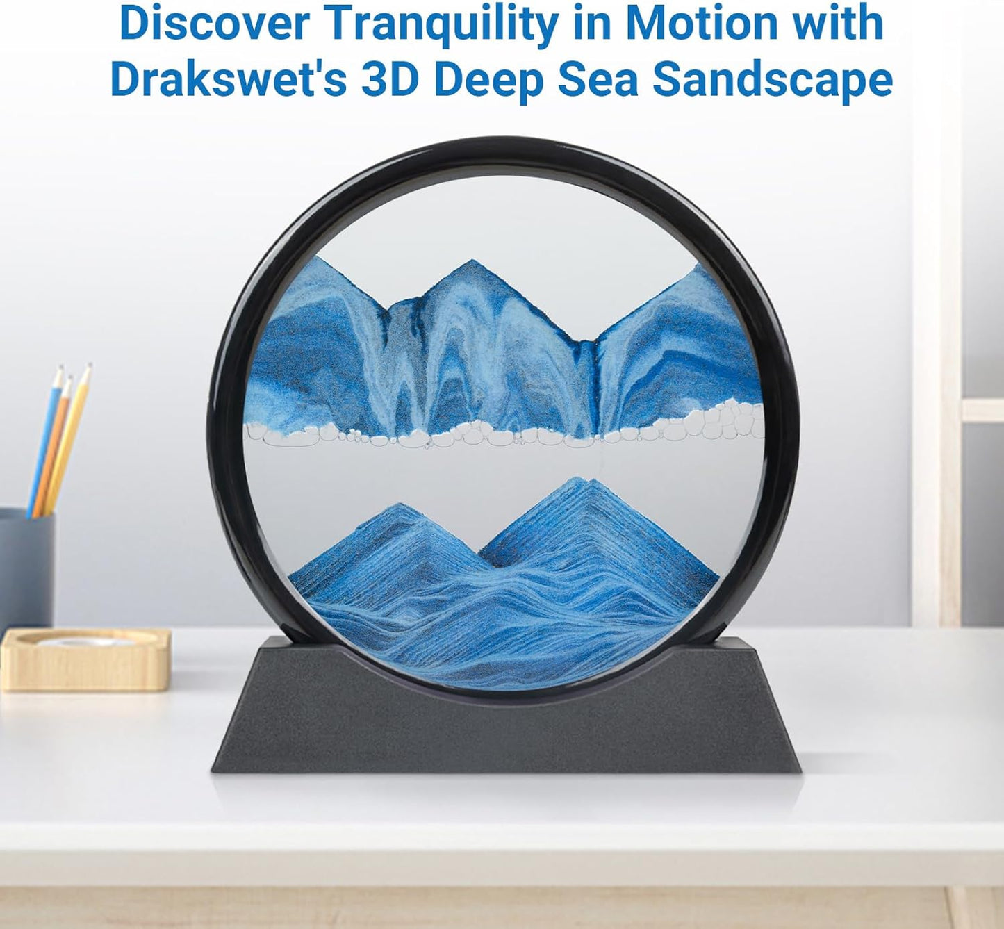 Drakswet Moving Sand Art Liquid Motion，Moving Sand Art Picture-3D Deep Sea Sandscape，Round Glass Frame Display Flowing Sand Relaxing Desktop Home Office Work Decor (12inch Blue)