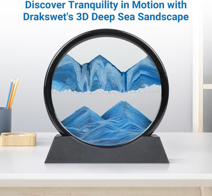 Drakswet Moving Sand Art Liquid Motion，Moving Sand Art Picture-3D Deep Sea Sandscape，Round Glass Frame Display Flowing Sand Relaxing Desktop Home Office Work Decor (12inch Blue)