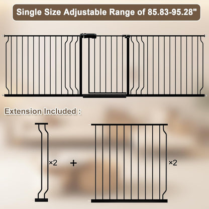 WAOWAO Baby Gate 85.83-95.24" Extra Wide Pressure Mounted Walk Through Swing Auto Close Safety Black Metal Toddler Kids Child Dog Pet Puppy for Stairs,Doorways,Kitchen