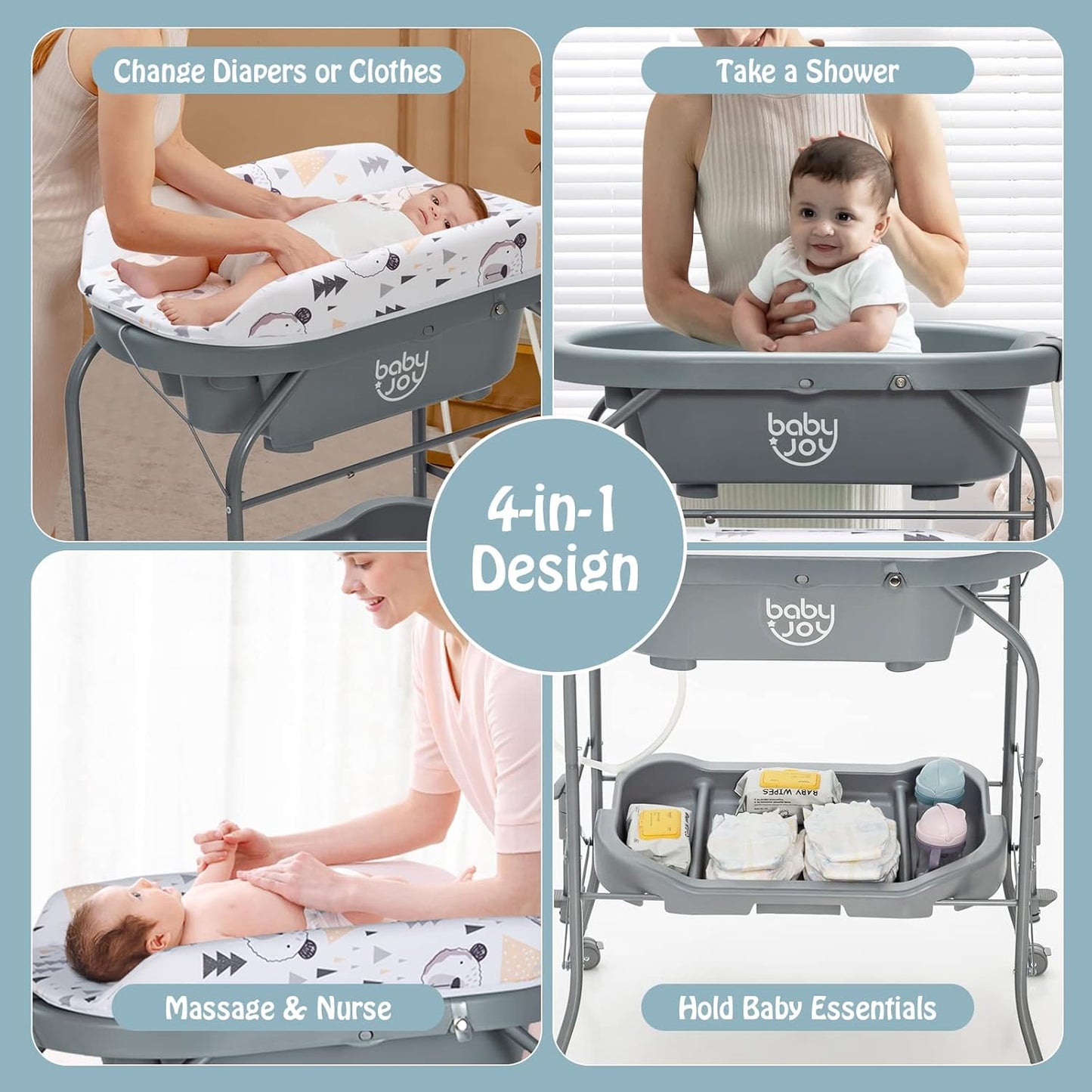 BABY JOY Baby Bathtub with Changing Table, Foldable Infant Diaper Changing Station with Storage