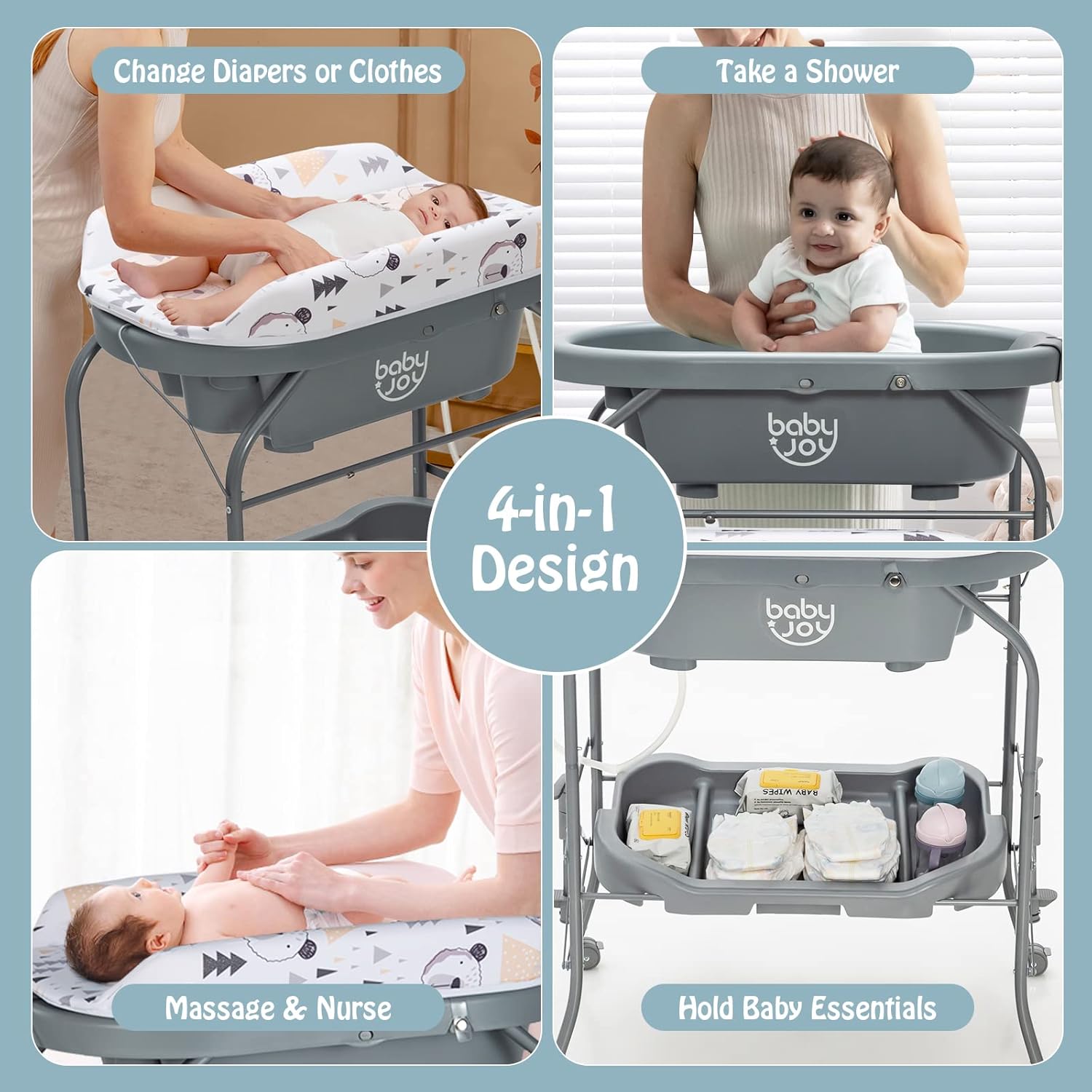BABY JOY Baby Bathtub with Changing Table, Foldable Infant Diaper Changing Station with Storage