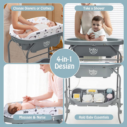 BABY JOY Baby Bathtub with Changing Table, Foldable Infant Diaper Changing Station with Storage