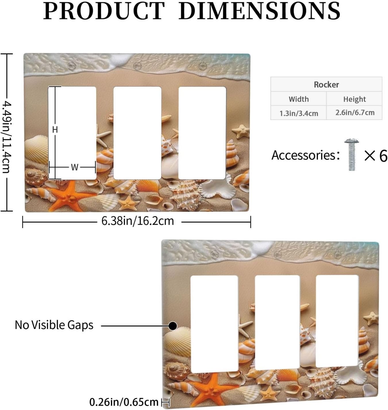 Decorative Outlet Covers Beachy Sea Ocean Seashell Starfish 3 Gang Wall Plate Triple Rocker Light Switch Cover Plate Jumbo Electrical GFCI Faceplate for Bathroom Bedroom Home Decor