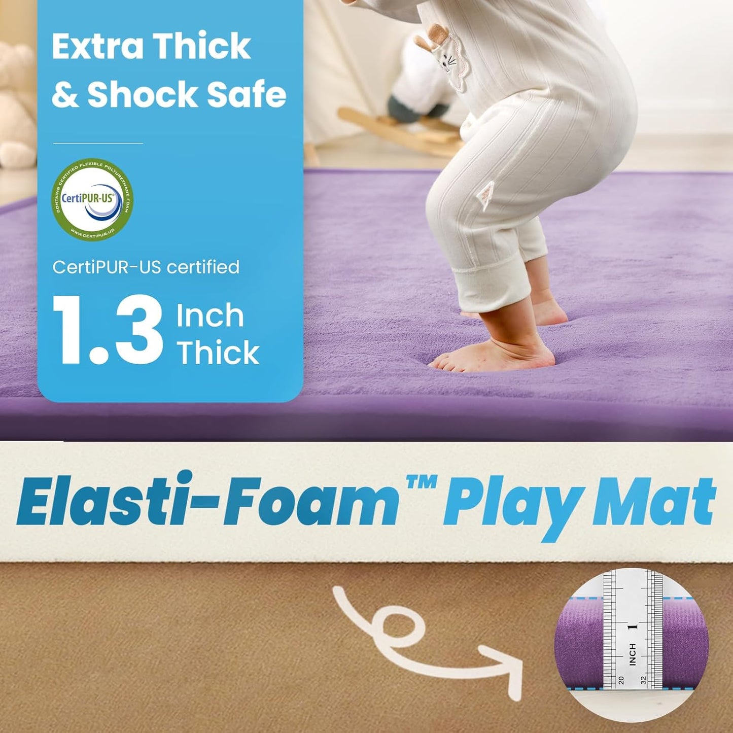 Ultra Soft Baby Play Mat,79"×79" Extra Large Activity Tummy Time Mat for Toddlers,Infants,Kids,1.3" Thick Elasti-Foam Nursery Rug for Floor,Non-Slip Safe for Crawling,Water-Repellent(Lavender)